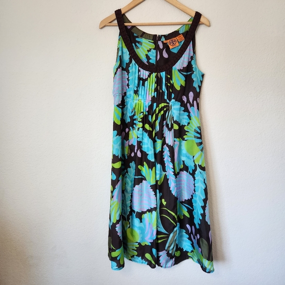 Tory Burch Dresses & Skirts - Tory Burch Short Silk Sleeveless Dress Brown/Blue/Green Pleats Size 10
